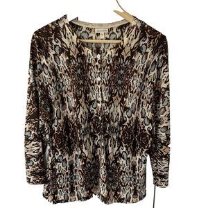 Garnet Hill Cardigan Sweater Size Large 100% Merino Wool Animal Print Colorful